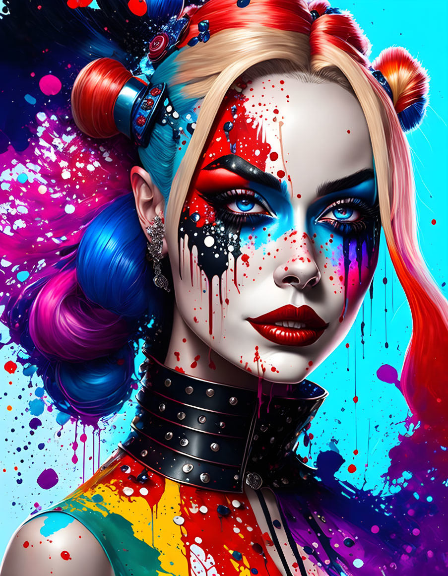 Colorful digital portrait of a woman with multicolored hair and striking blue eyes, featuring artistic makeup