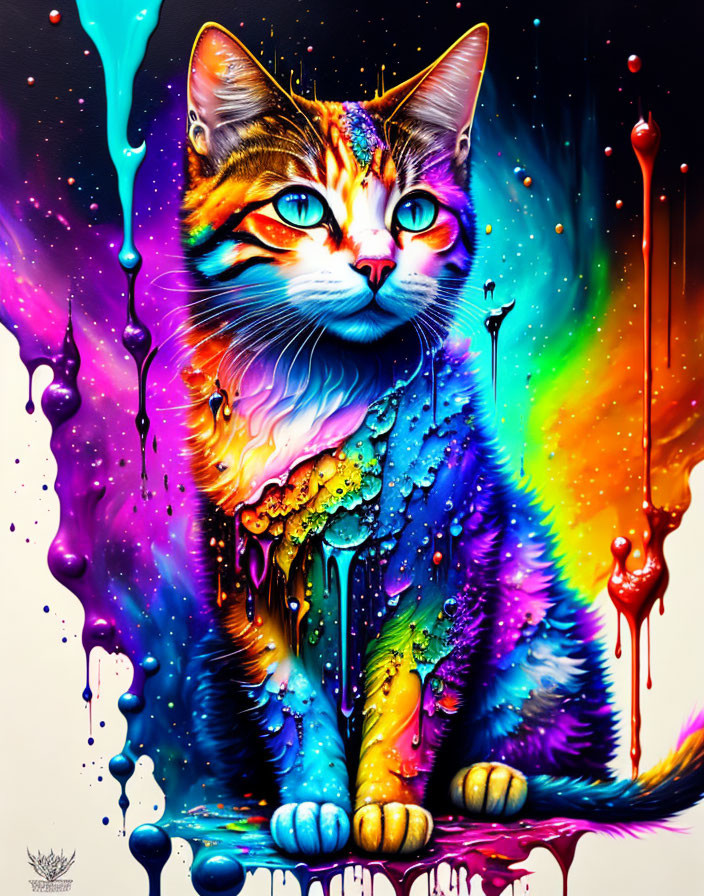 Colorful Digital Art: Melting Rainbow Cat with Intricate Patterns