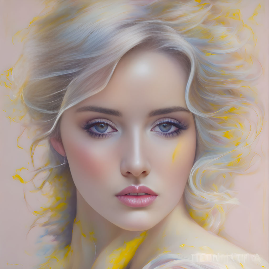 Blond-haired woman with blue eyes in pink and yellow tones