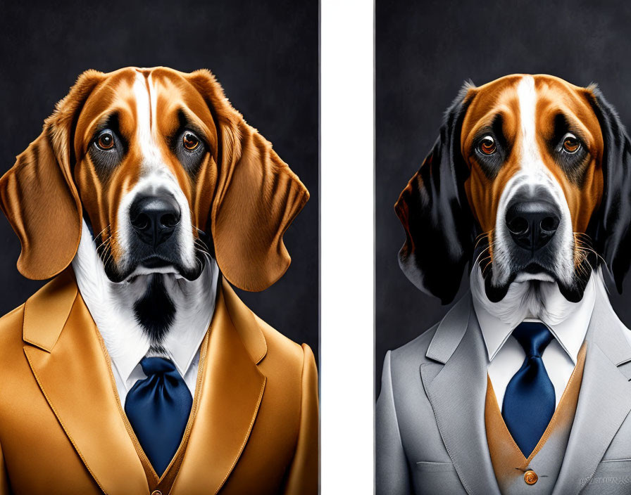 Stylized portraits of dogs in yellow and gray business suits with blue ties