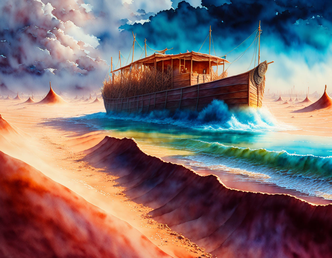 Wooden ark on red dunes under dramatic sky surrounded by vibrant blue waves