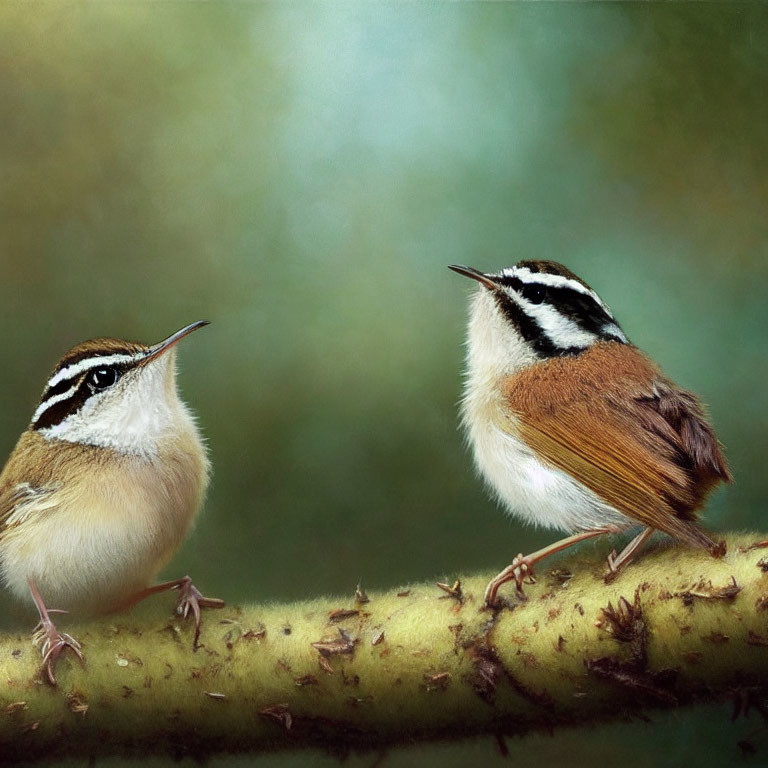 Small Brown and White Birds Perched on Thorny Branch