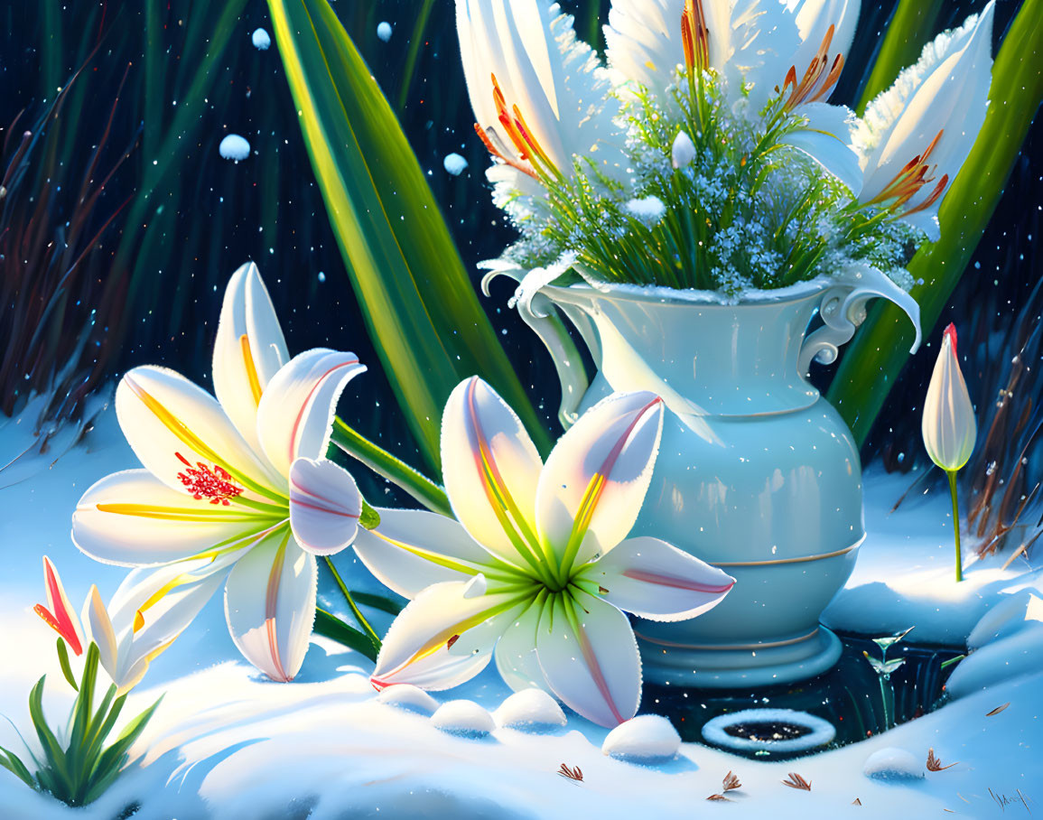 White Vase with Blooming Flowers in Snowy Setting