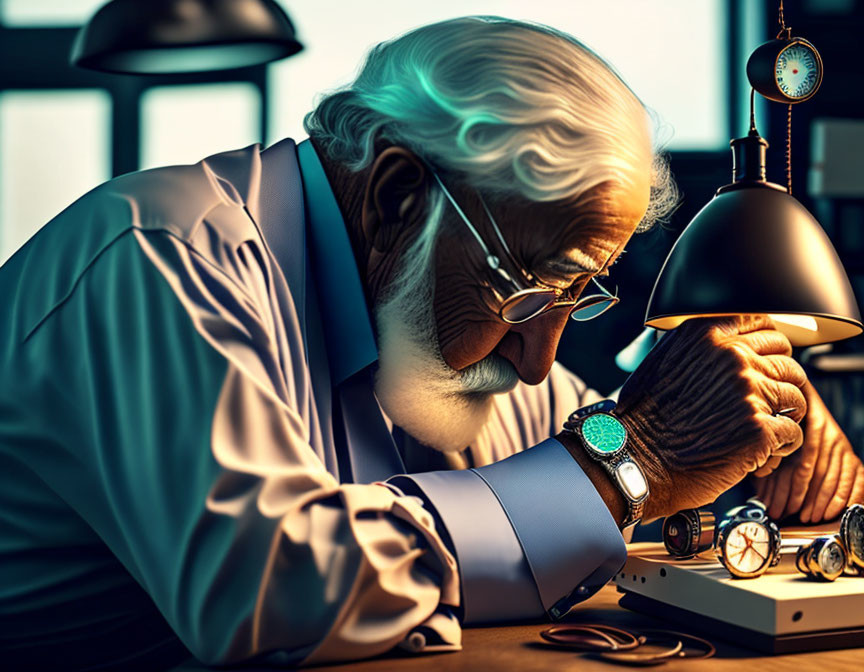 Elderly man in blue shirt inspecting watch among timepieces