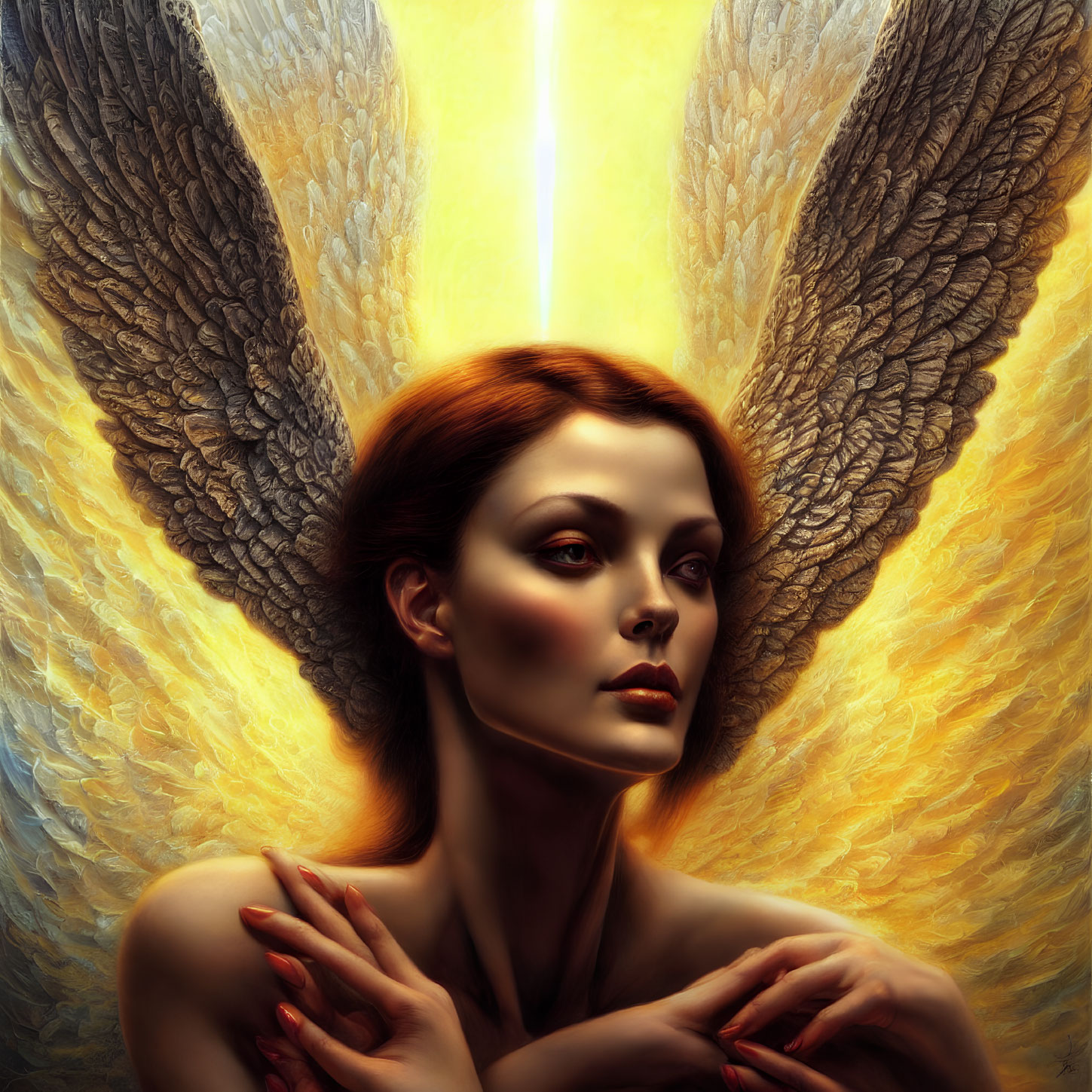 Illustration of woman with red hair and angelic wings in warm light