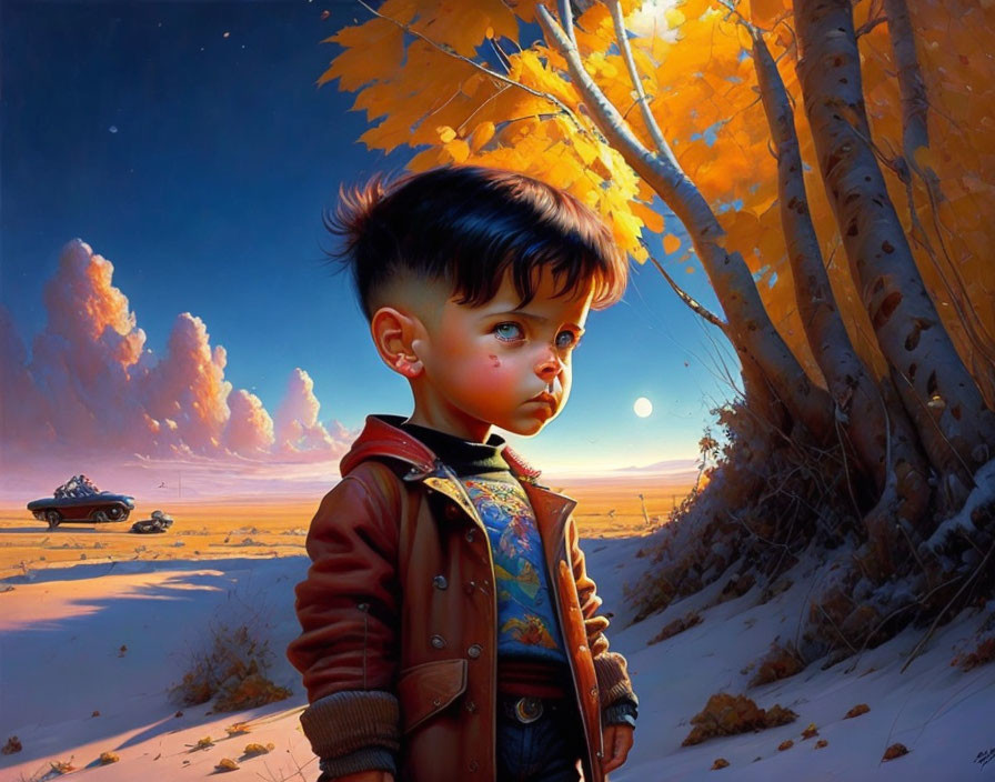 Young child in brown leather jacket in snowy landscape with autumn trees and floating vehicle at dusk