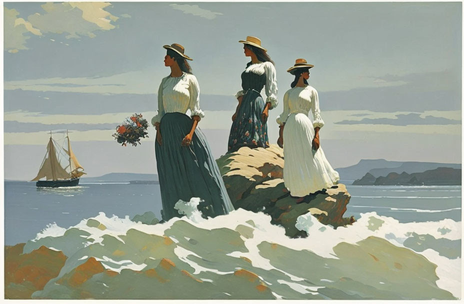 Three women in vintage clothing on rocky shore with sailboat in distance