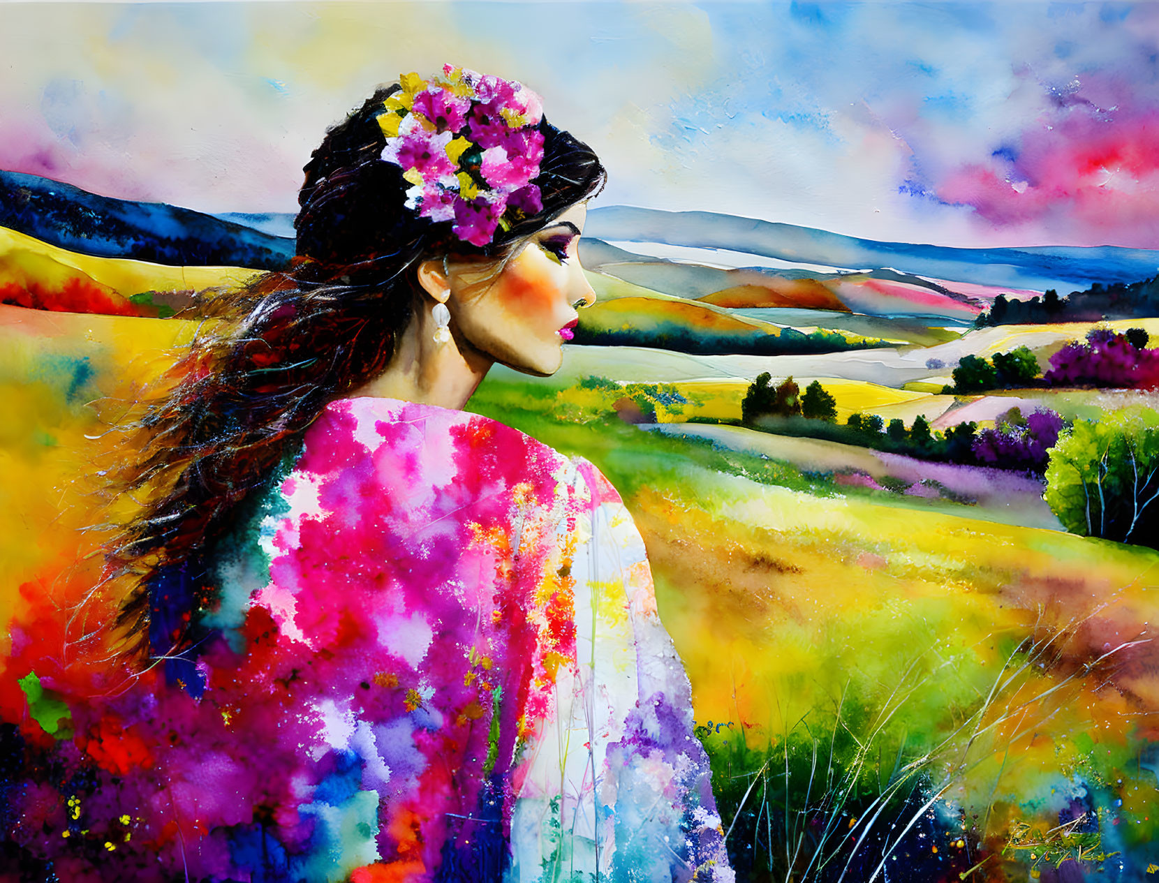 Colorful Watercolor Painting of Woman with Floral Crown in Landscape