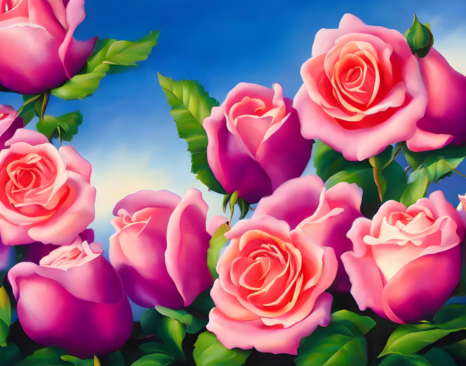 Bright Pink Roses in Full Bloom Against Blue Sky Background