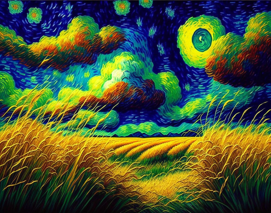 Colorful painting with swirling blue skies and bright yellow fields reminiscent of Starry Night.