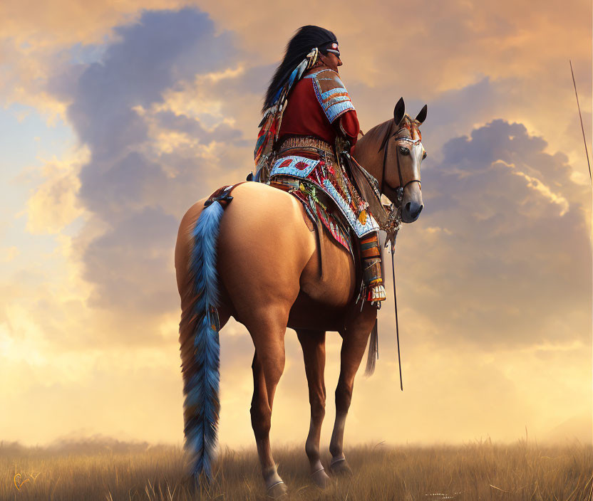 Native American person on horseback in traditional attire at dusk