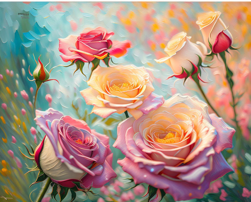 Colorful painting of pink and yellow roses with dreamy greenery background