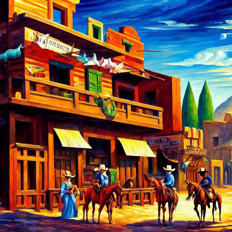 Vibrant Western town painting with cowboys, woman, and wooden buildings