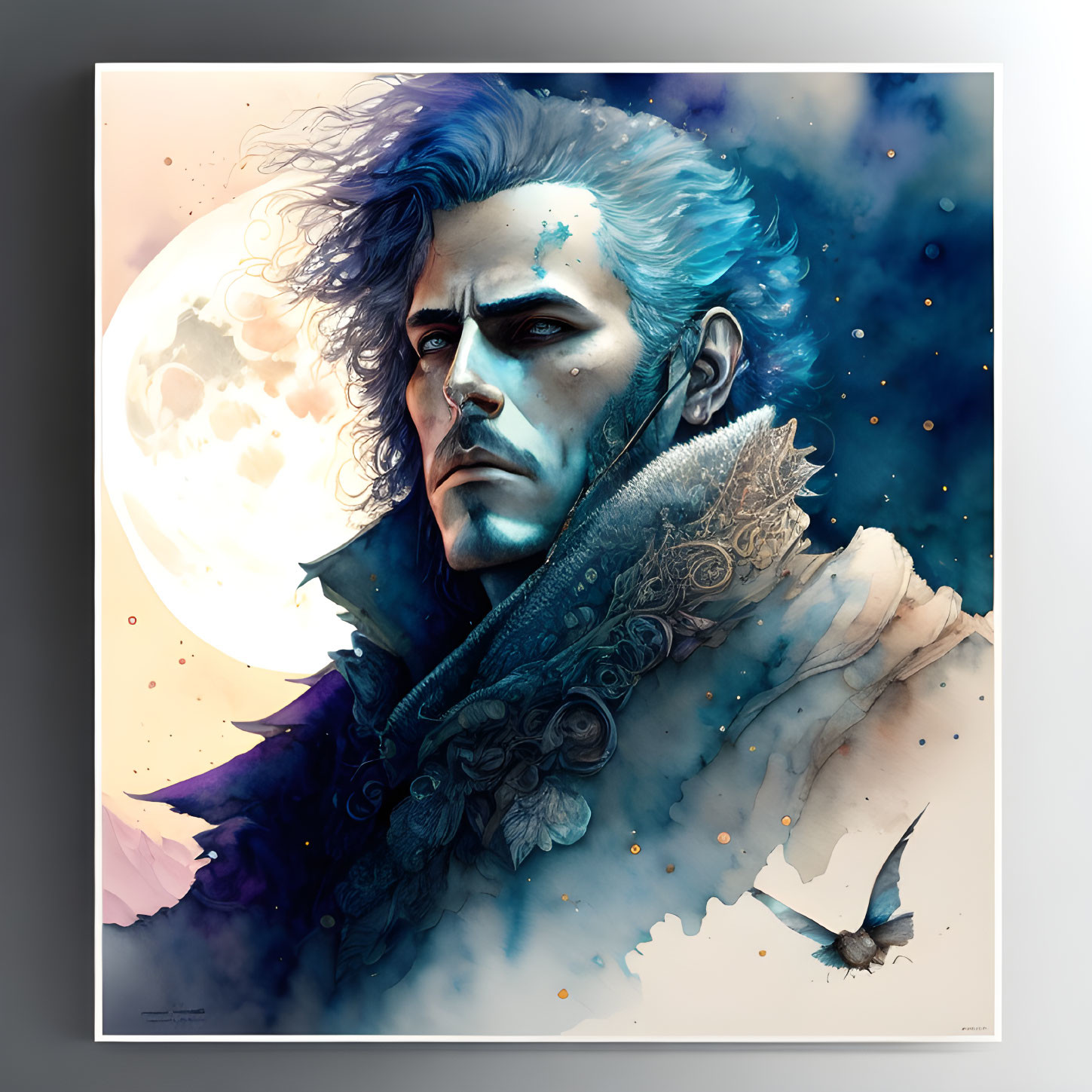 Man with Blue Hair and Stern Gaze in Moonlit Scene with Swirling Patterns and Bird