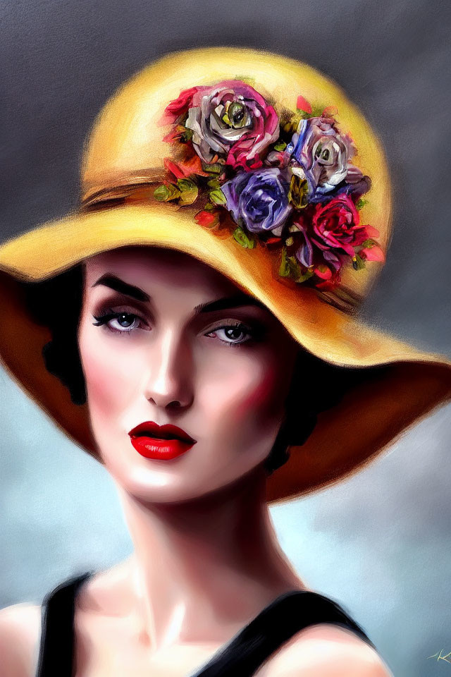 Woman in Yellow Hat with Colorful Flowers and Red Lipstick