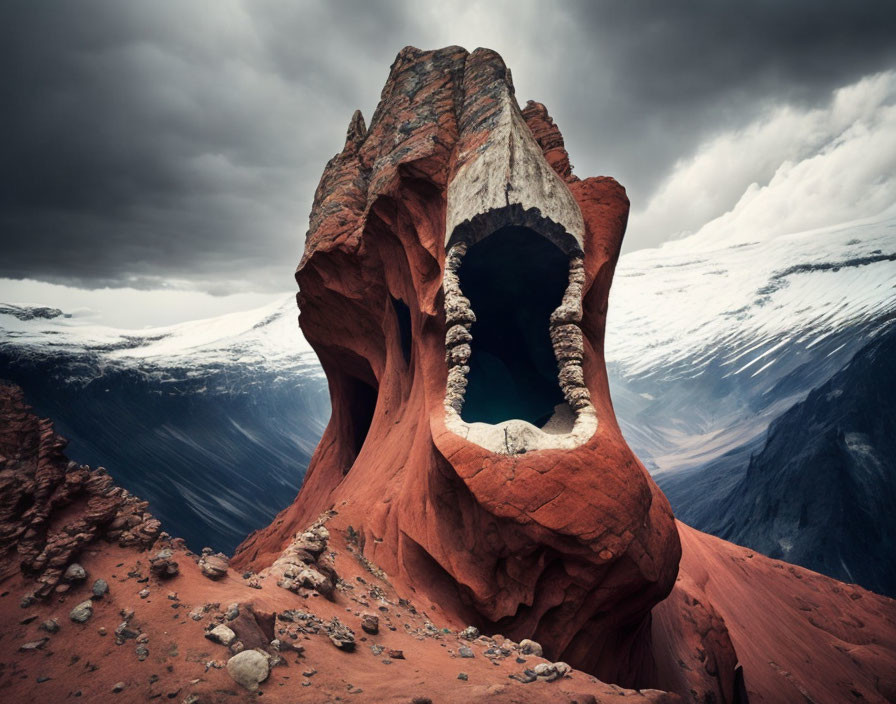 Dramatic rock formation against cloudy skies and mountains