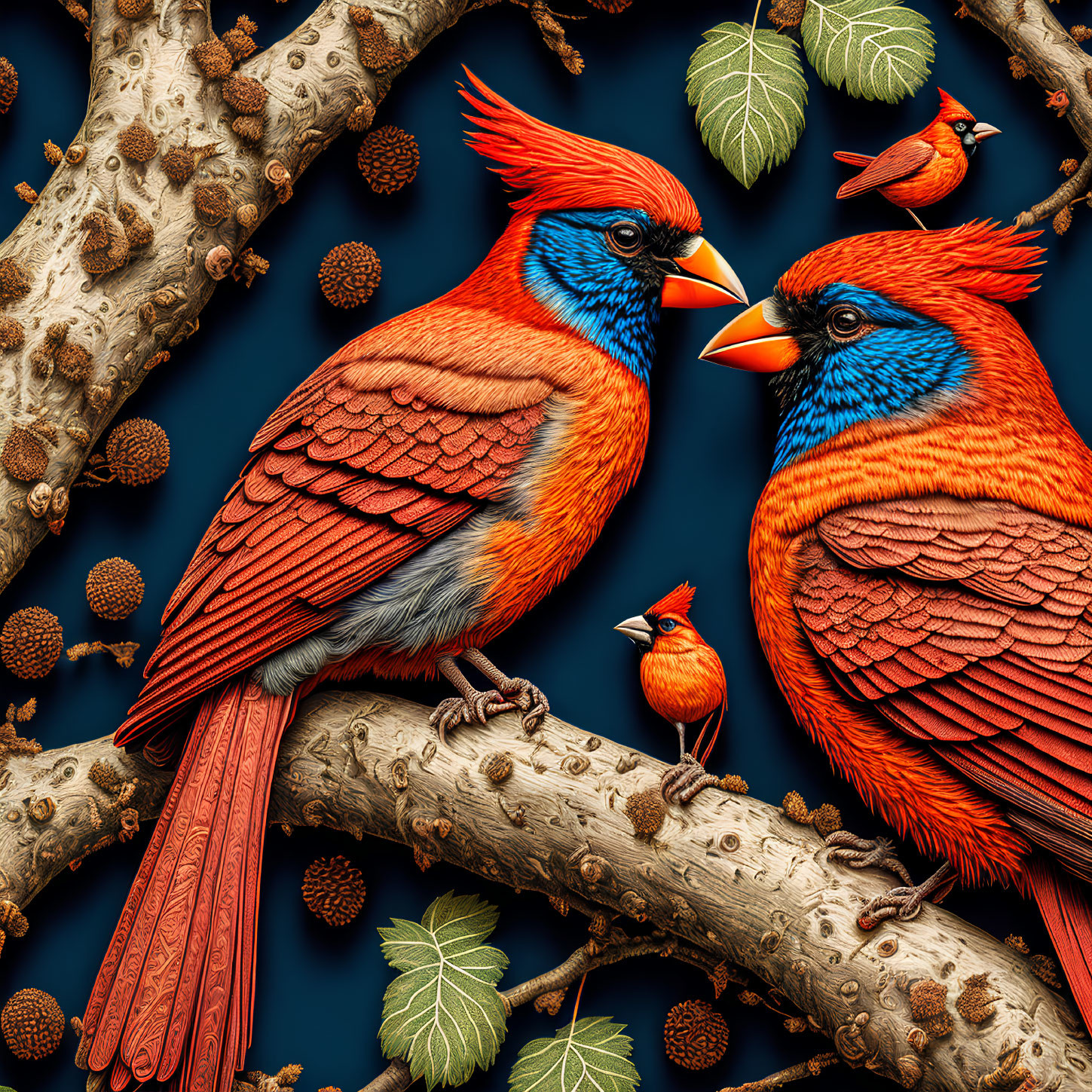 Colorful Birds on Branch Surrounded by Foliage