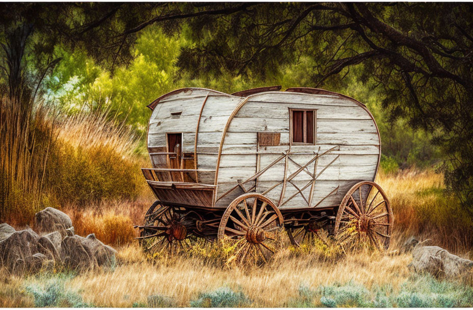 Weathered covered wagon in abandoned field of tall grasses evokes historic American West