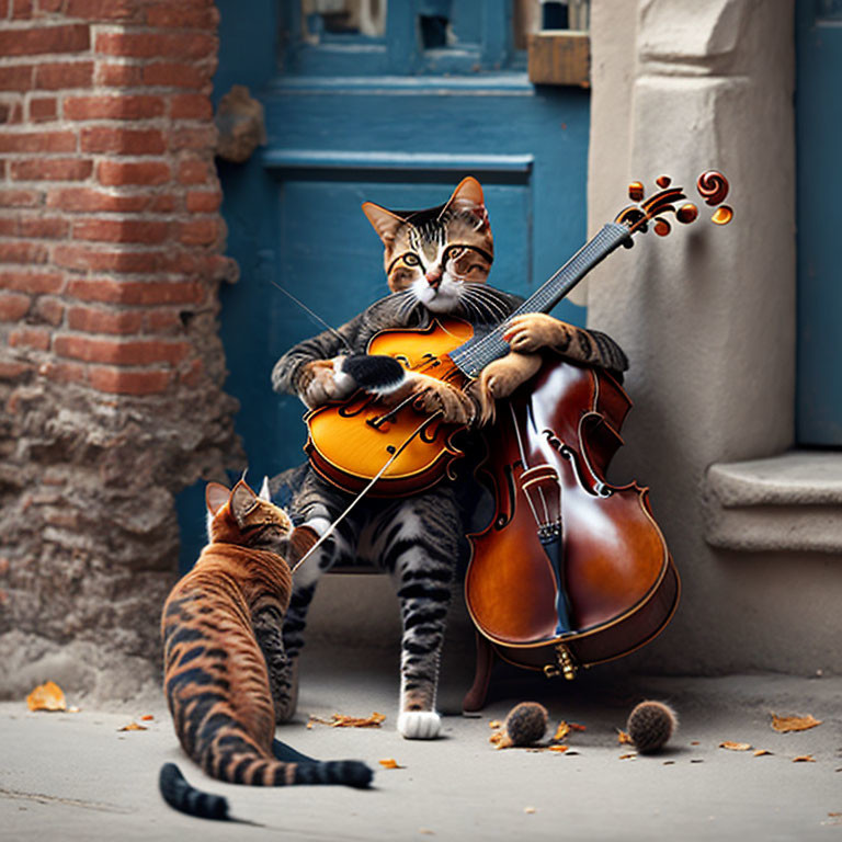 Tabby cat playing cello with another cat in urban setting