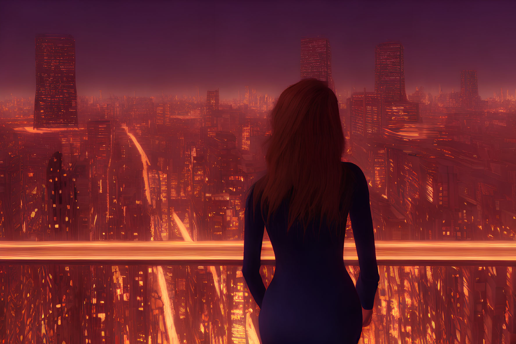 Woman in Blue Dress Overlooking Futuristic Cityscape at Sunrise/Sunset