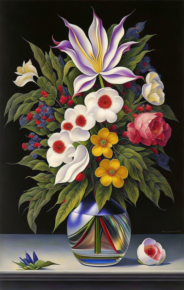 Colorful floral painting with striped vase on dark background.