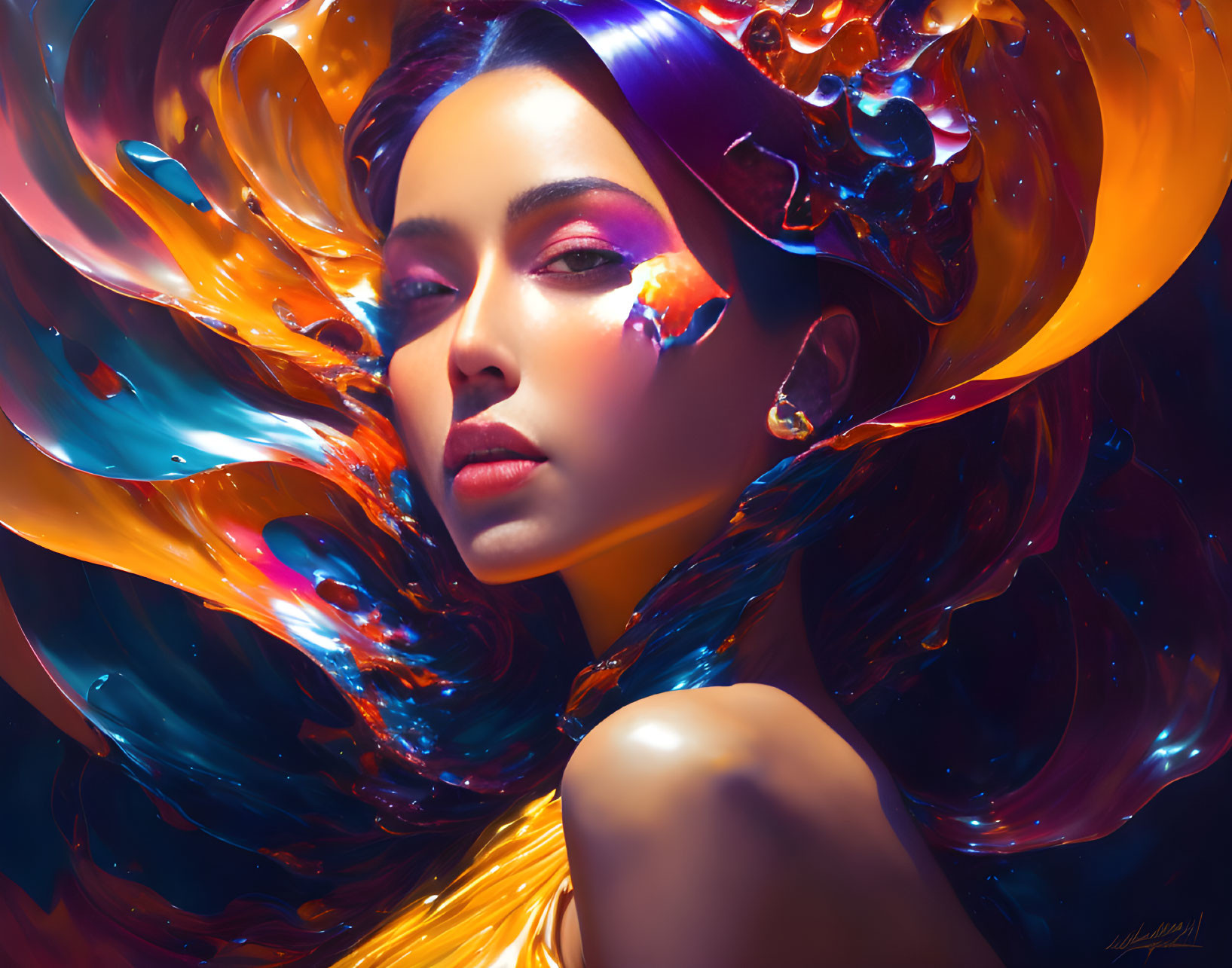 Colorful Abstract Portrait of Woman with Swirling Patterns