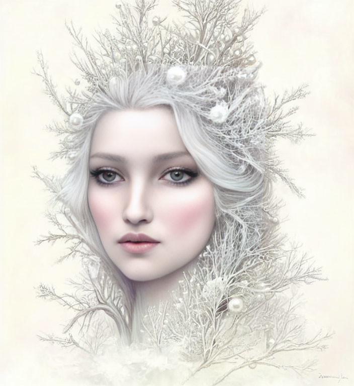 Woman with Pale Skin and White Hair in Winter-Themed Headdress