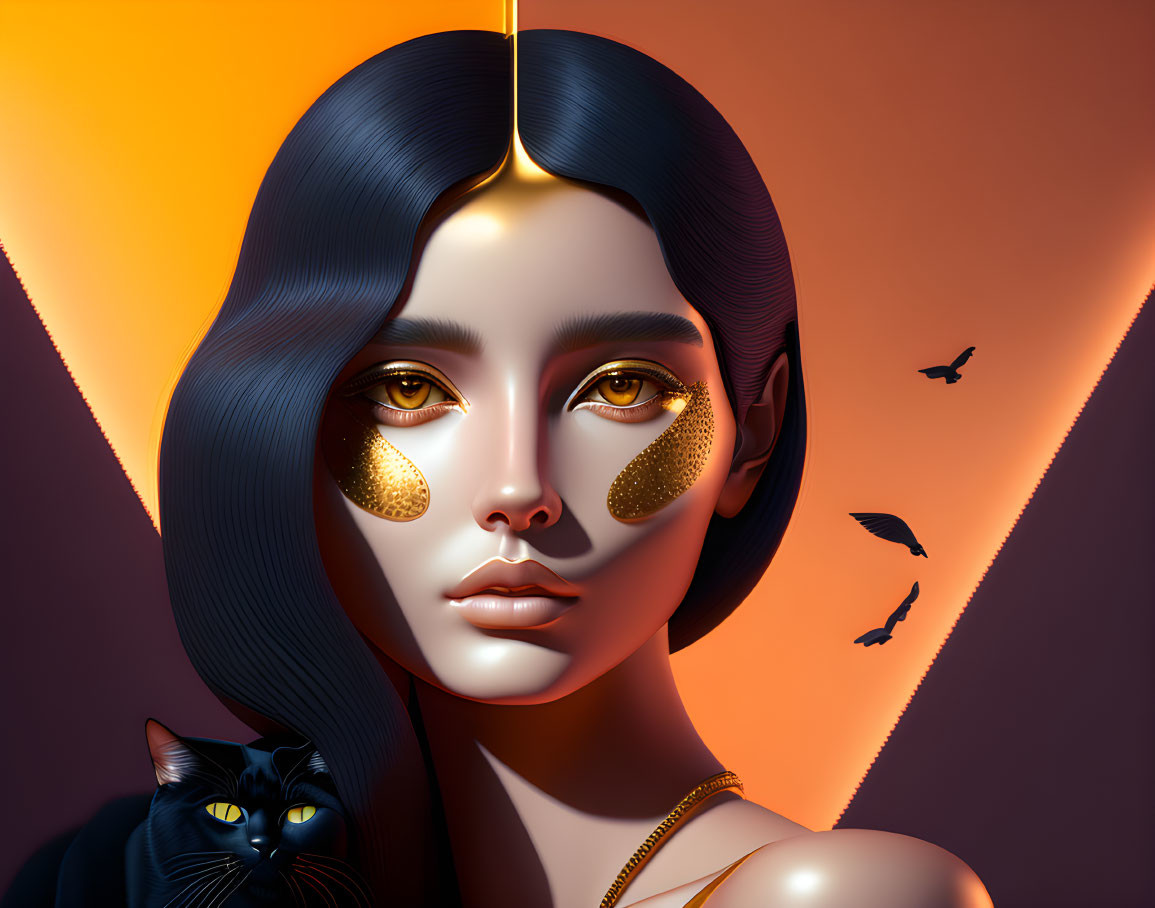 Woman with Black Hair & Golden Teardrop Makeup, Black Cat, Birds, Orange Background