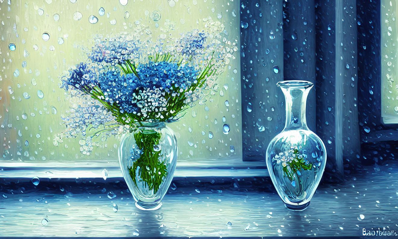 Digital painting of blue and white flowers in vase by rainy window