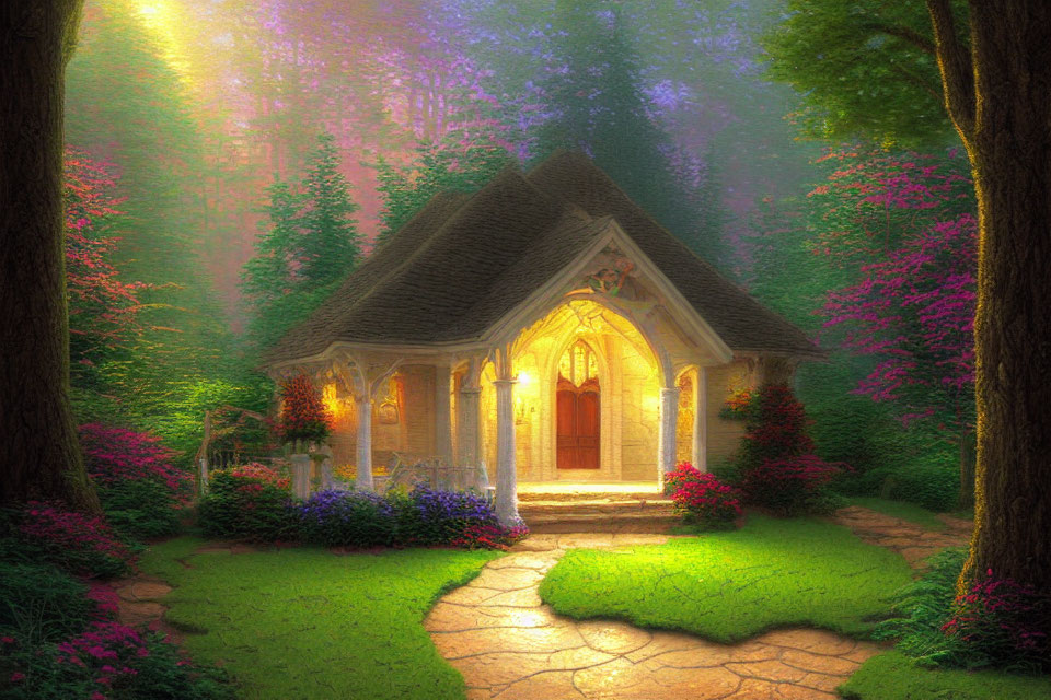 Enchanted forest cottage with vibrant flora and sunlit ambiance