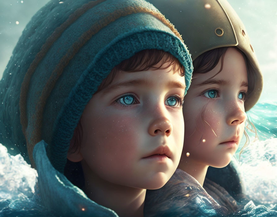 Children with blue eyes in warm hats under golden light