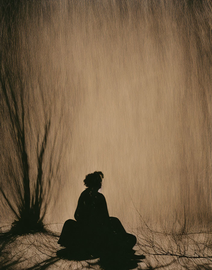 Sepia-Toned Silhouette of Person Sitting Under Tree with Rain-Like Illusion