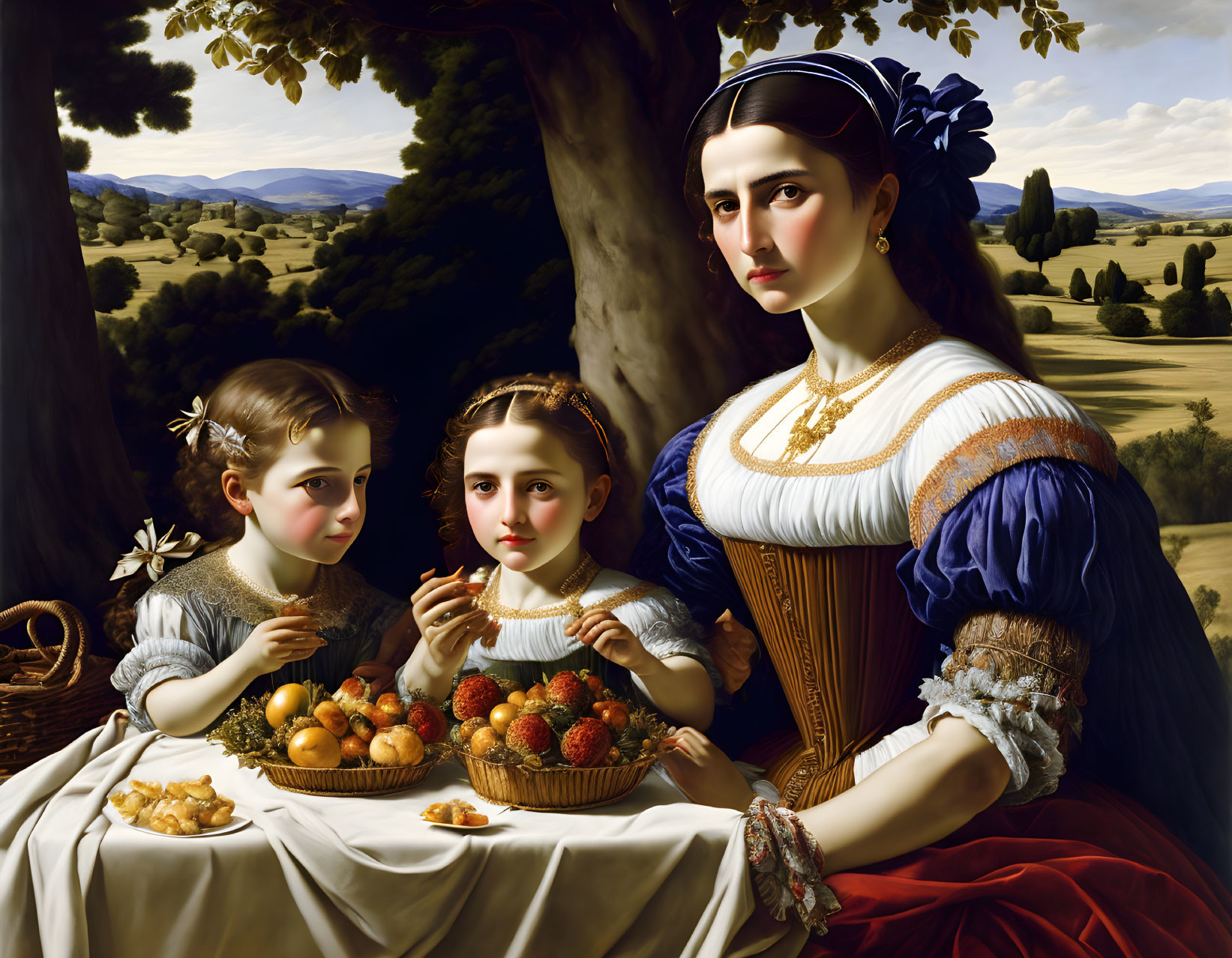 Classic painting: Woman in blue dress with children eating fruit under tree