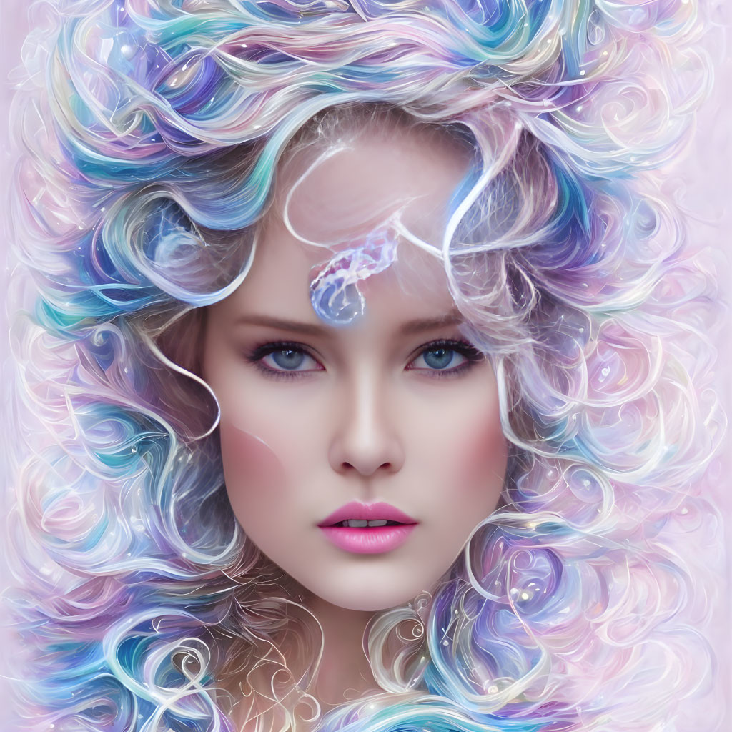 Digital Art: Woman with Blue Eyes & Pastel Curly Hair