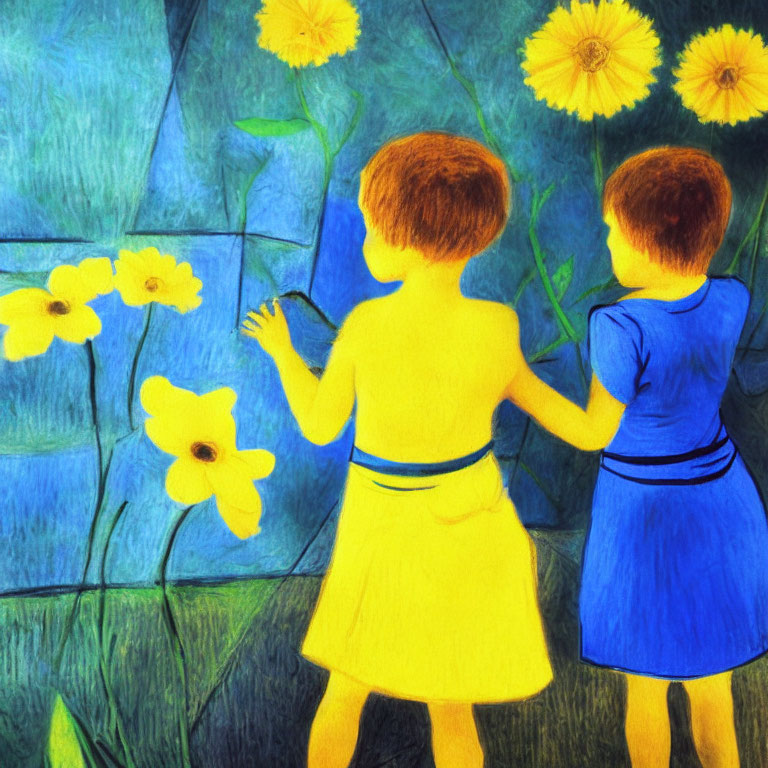 Children in Yellow and Blue Attire with Flowers on Vibrant Blue Background