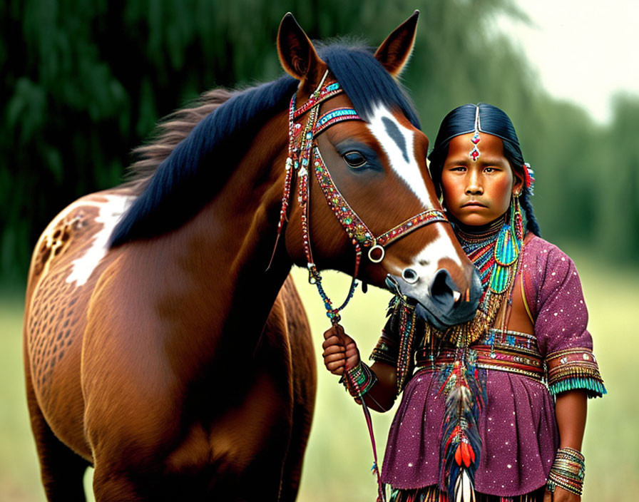 Native American girl in traditional attire with decorated horse in green field