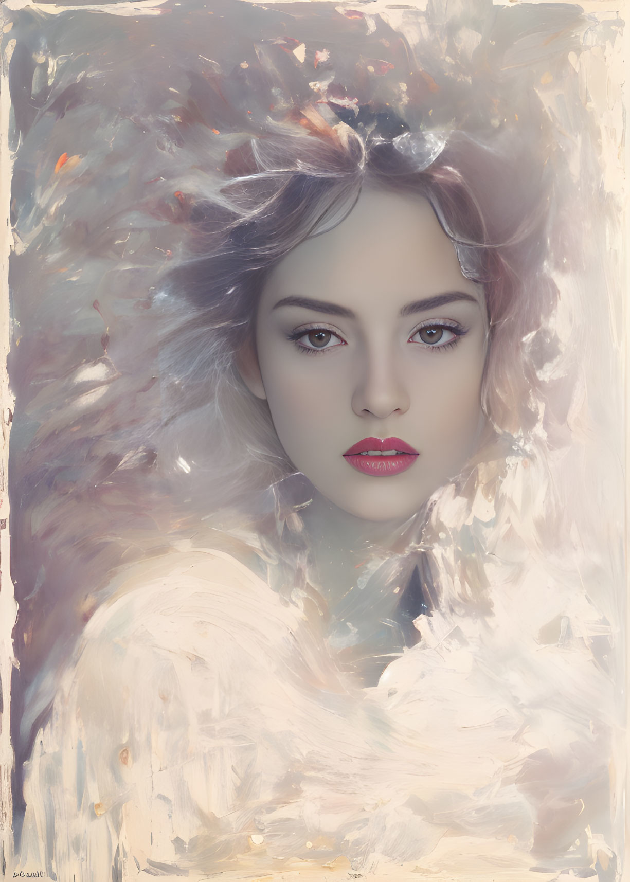 Ethereal beauty portrait with soft pastel tones and swirling petals