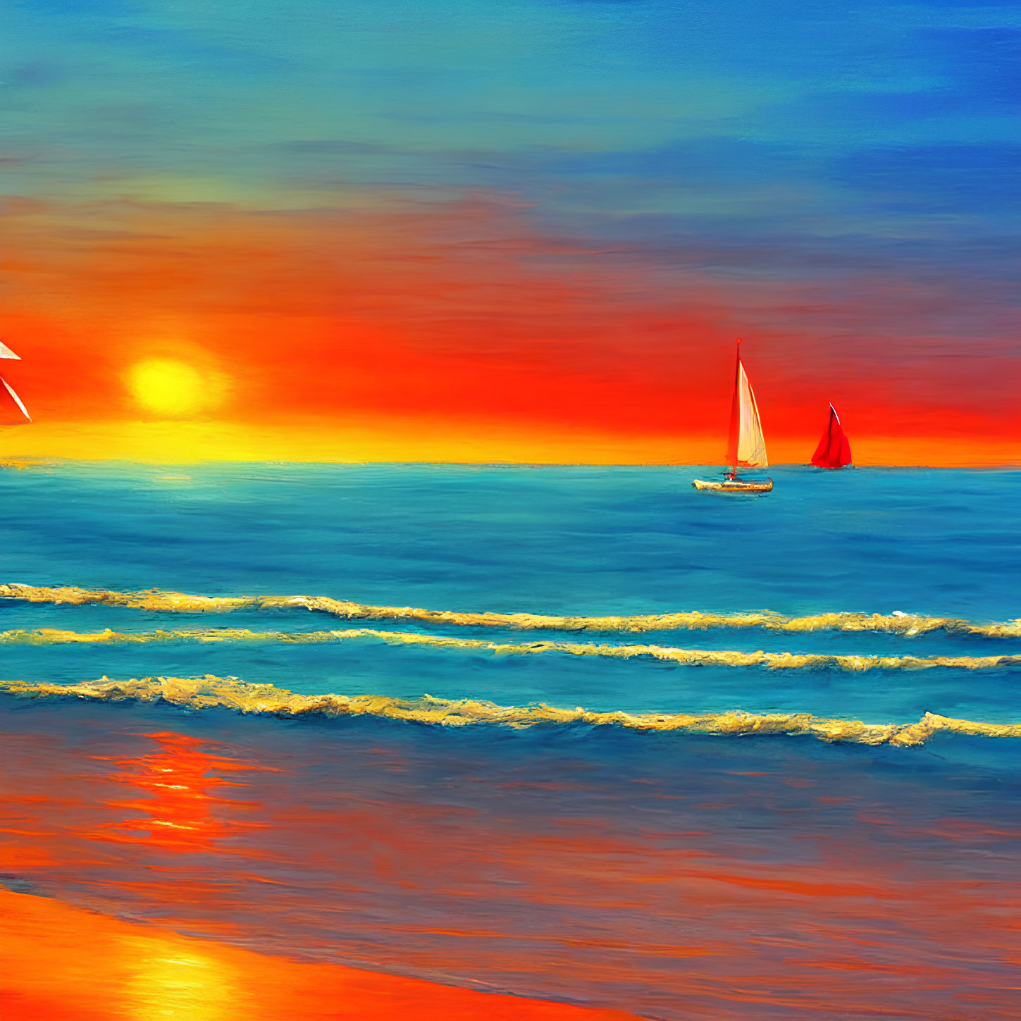 Vibrant Sunset Seascape with Colorful Sky and Sailboats