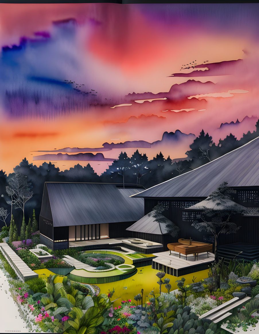 Vivid artwork of traditional houses in lush garden under dramatic sky