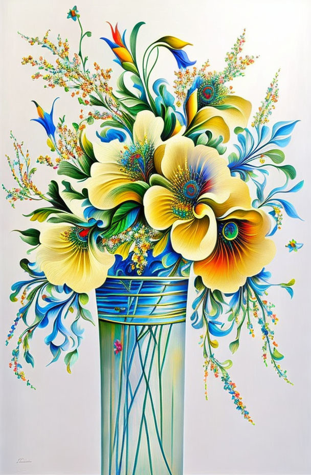 Colorful Floral Painting: Yellow & Blue Flowers in Turquoise Vase