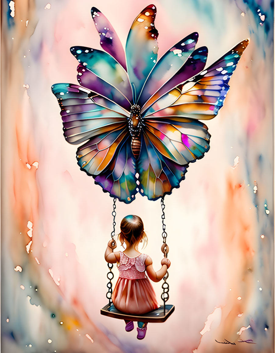 Young girl in pink dress swings from butterfly chain on pastel background