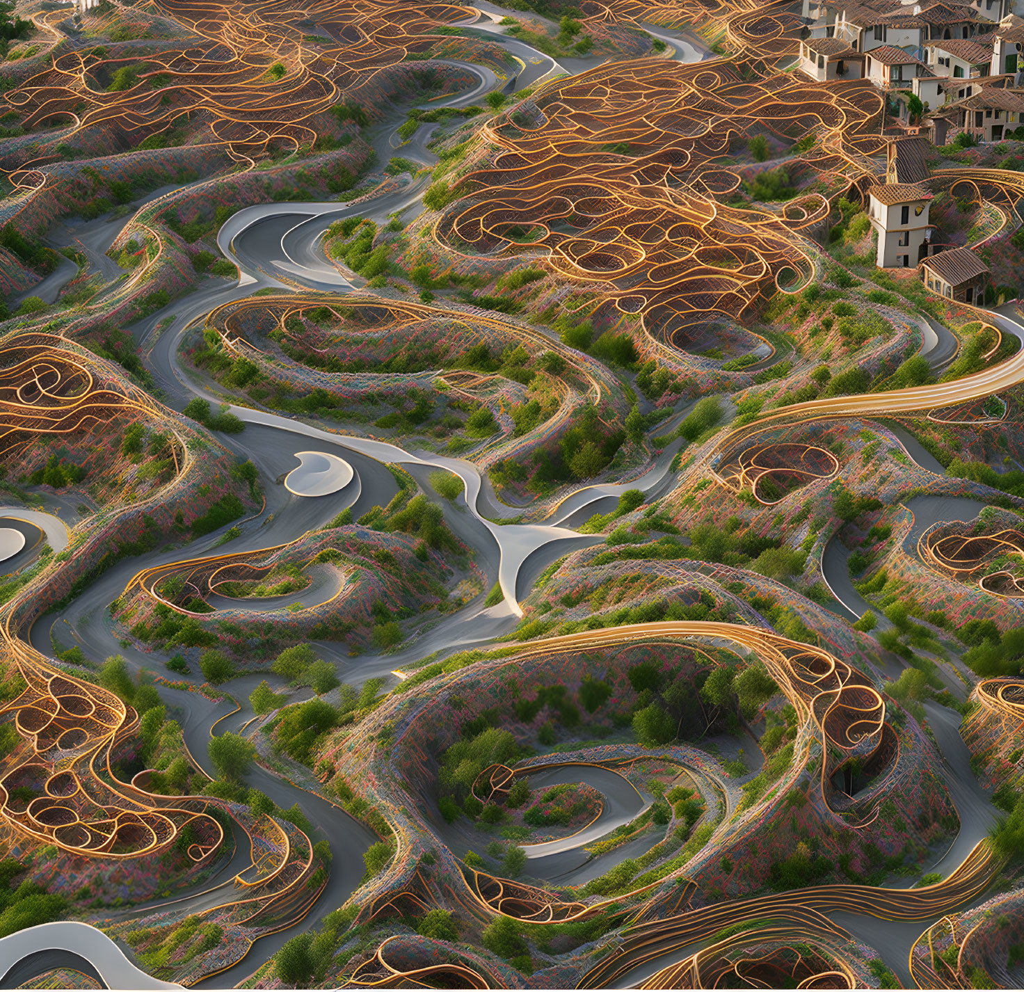 Winding roads and terracotta-roofed houses in lush greenery with golden light trails