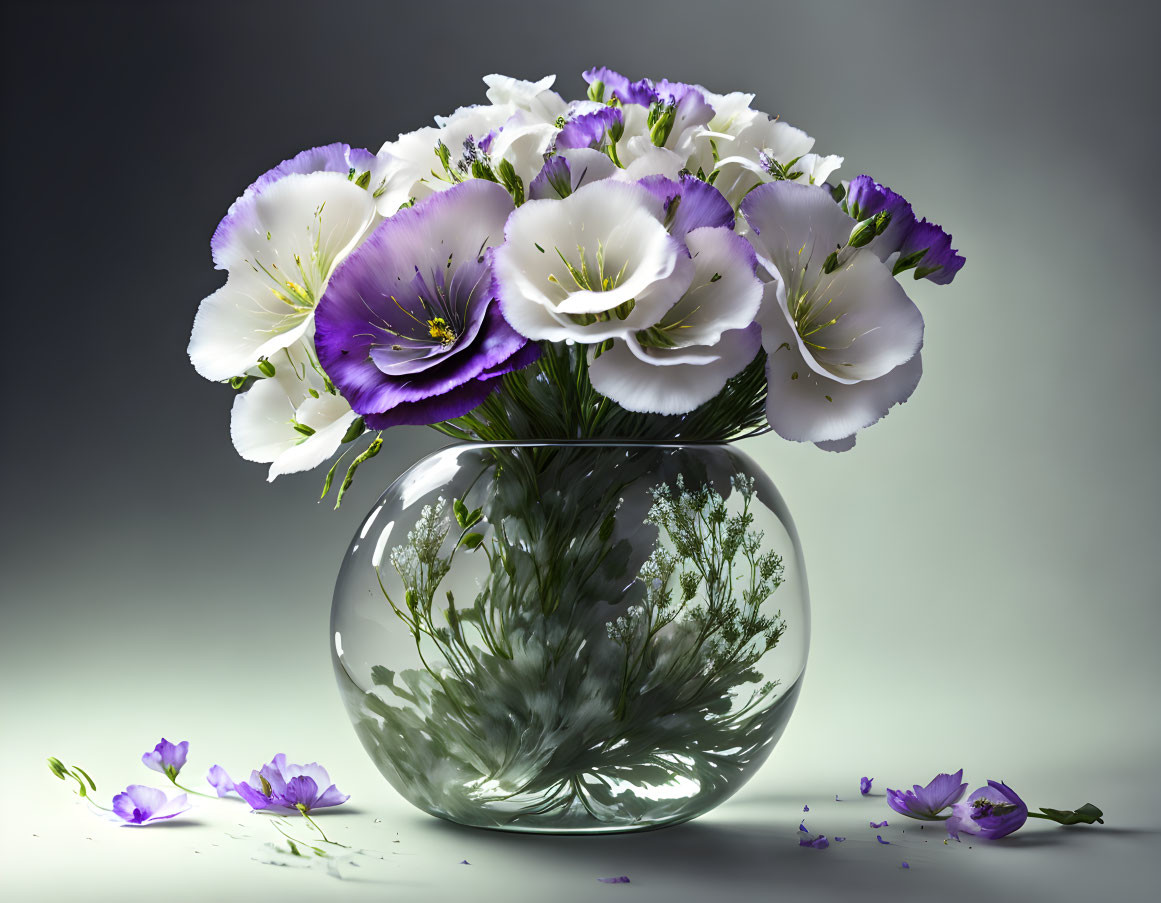 Purple and White Flower Bouquet in Glass Vase on Gradient Background