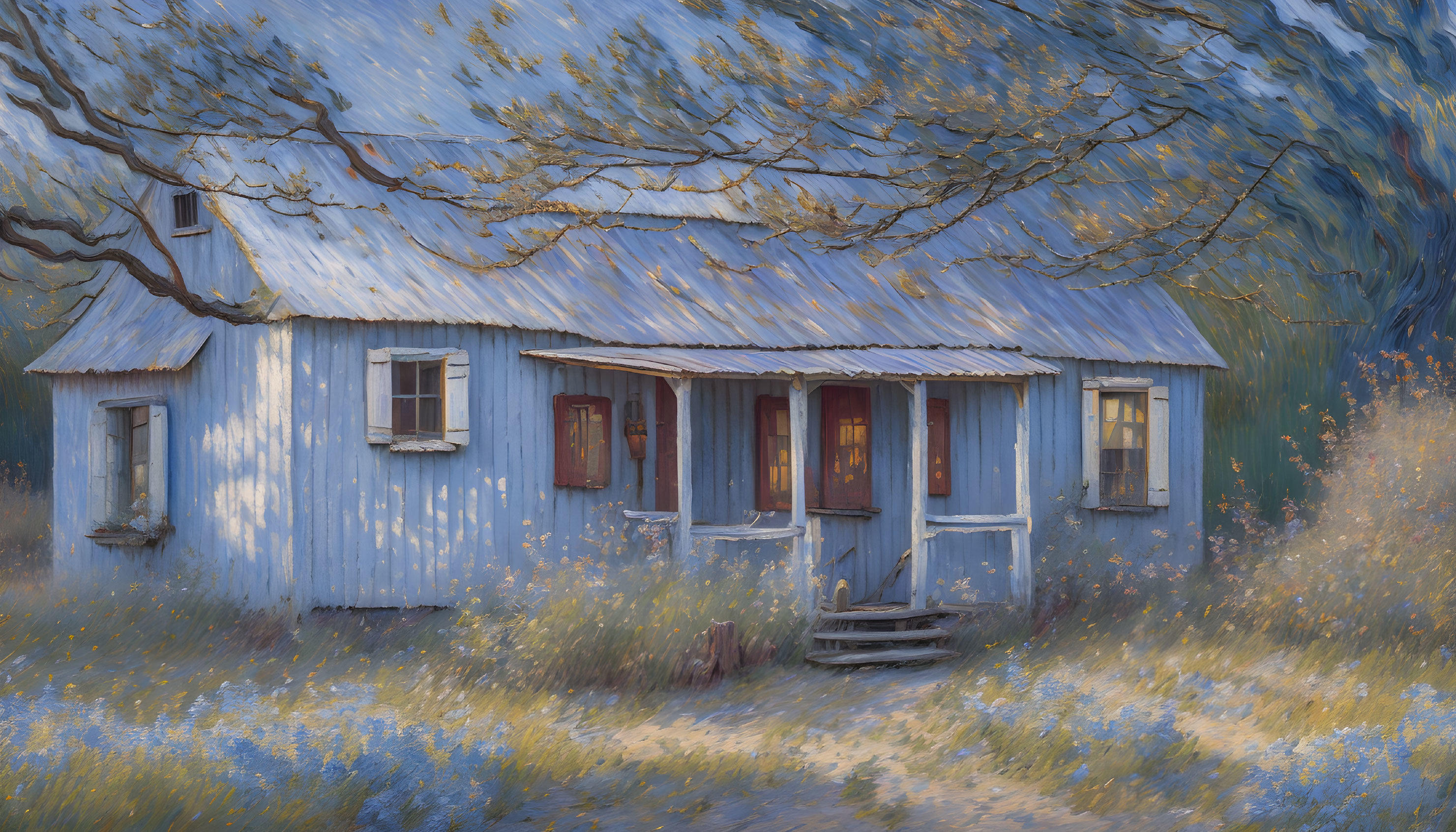 Blue Cottage with Red Door Surrounded by Snowy Wildflowers