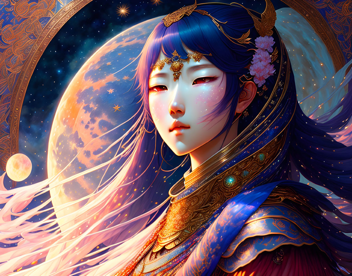 Digital artwork of woman with blue hair, ethereal makeup, traditional attire, celestial background.