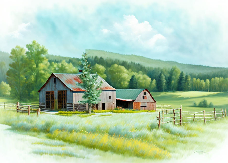 Serene pastoral landscape with rustic barns & lush green fields