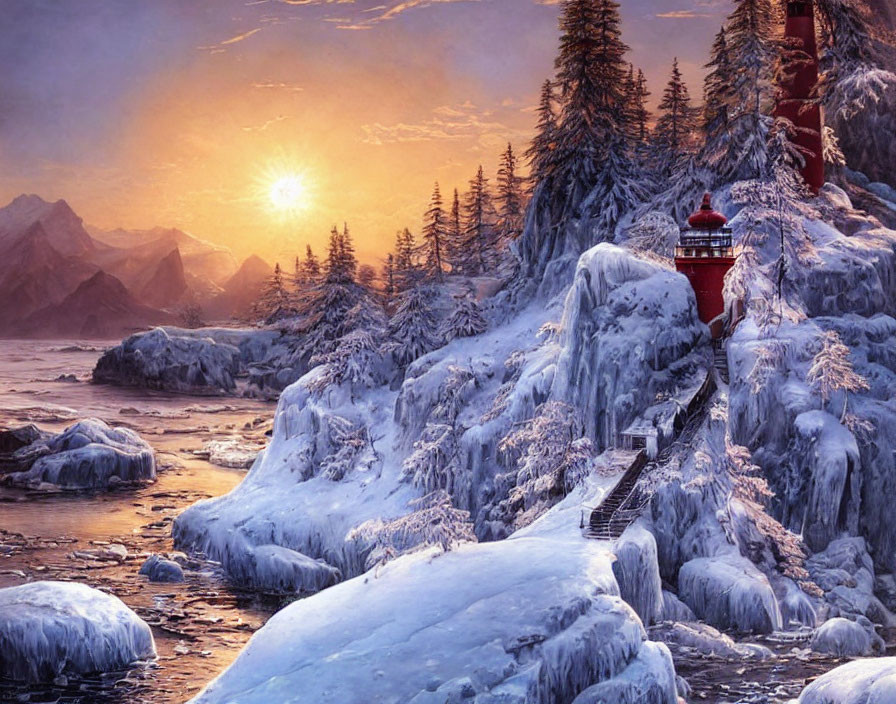 Snow-covered trees and red lighthouse in winter sunset.