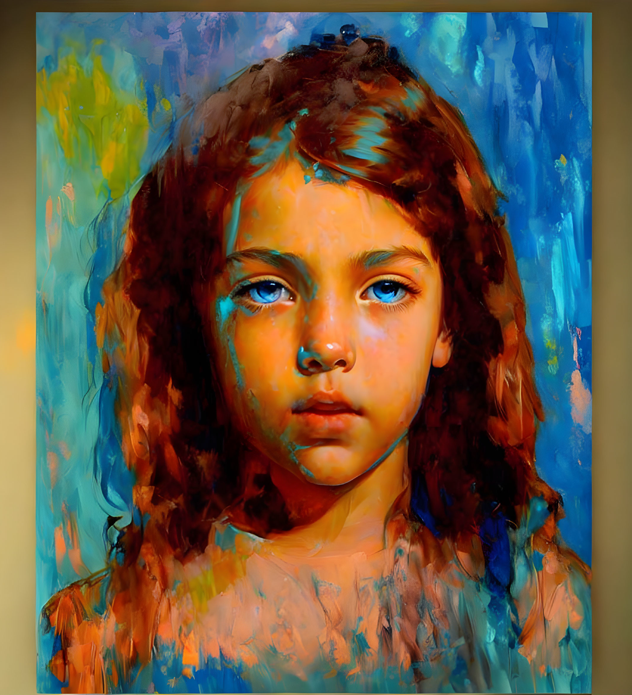 Colorful portrait of a young girl with wavy hair and blue eyes in bold brushstrokes.