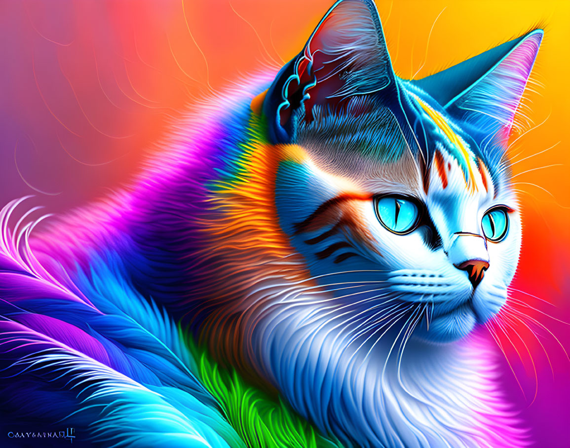 Colorful Cat Artwork with Rainbow Fur on Gradient Background