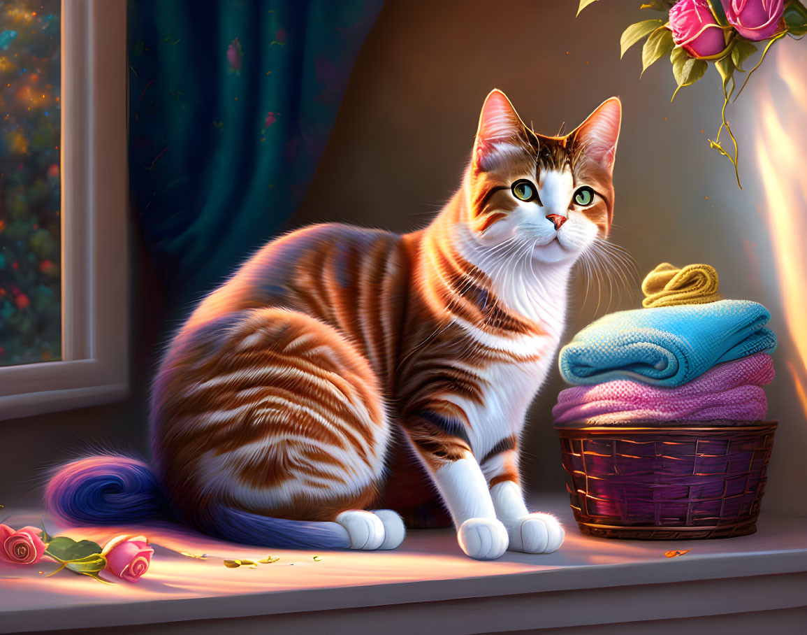 Colorful Tabby Cat with Towels, Roses, and Yarn Ball by Window at Dusk